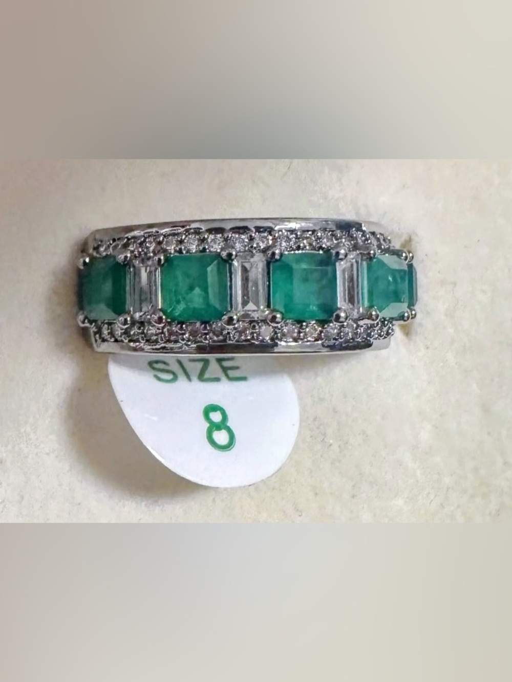 Bomb Party Emerald Green Multi-Stone Silver Band Ring - Size 8